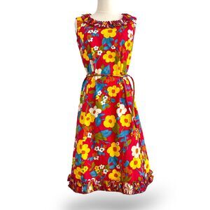 Vintage McMullen Sleeveless Floral Dress Ruffle Neck/Hem Hidden Backzip, Pockets